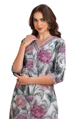 Floral Print Chikankari Straight cut Kurta set with pant and Dupatta Grey