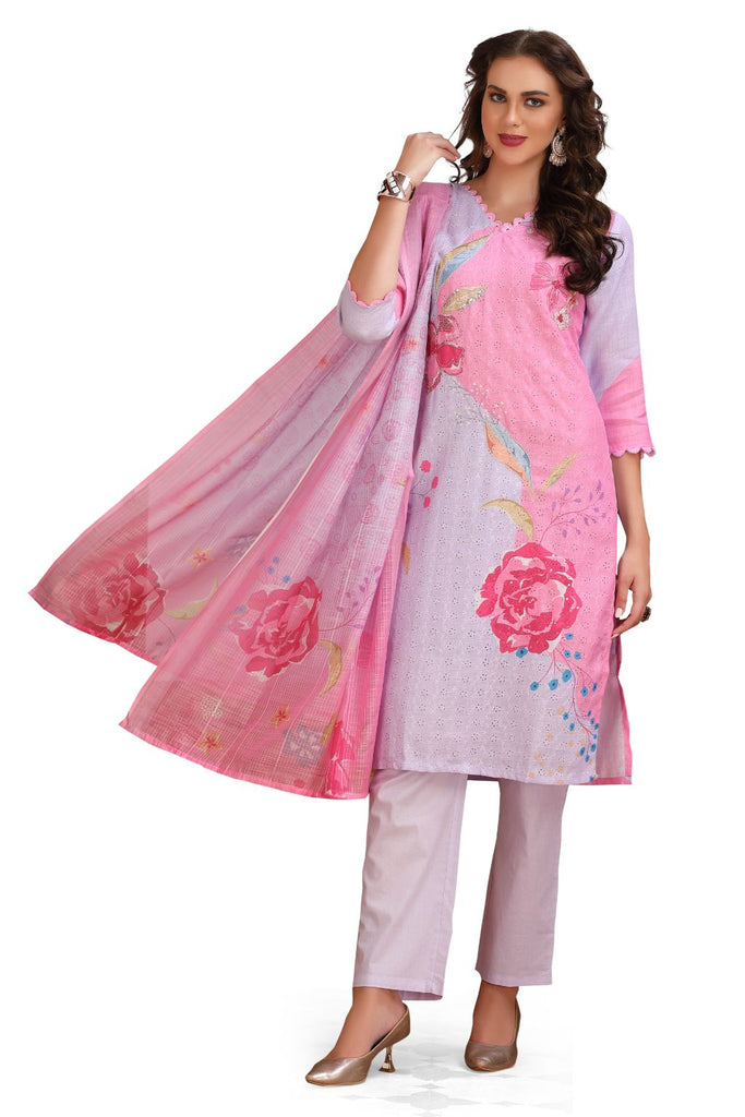 Floral Print Chikankari Straight cut Kurta set with pant and Dupatta Lavender