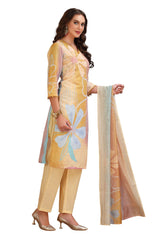 Floral Print Chikankari Straight cut Kurta set with pant and Dupatta Yellow