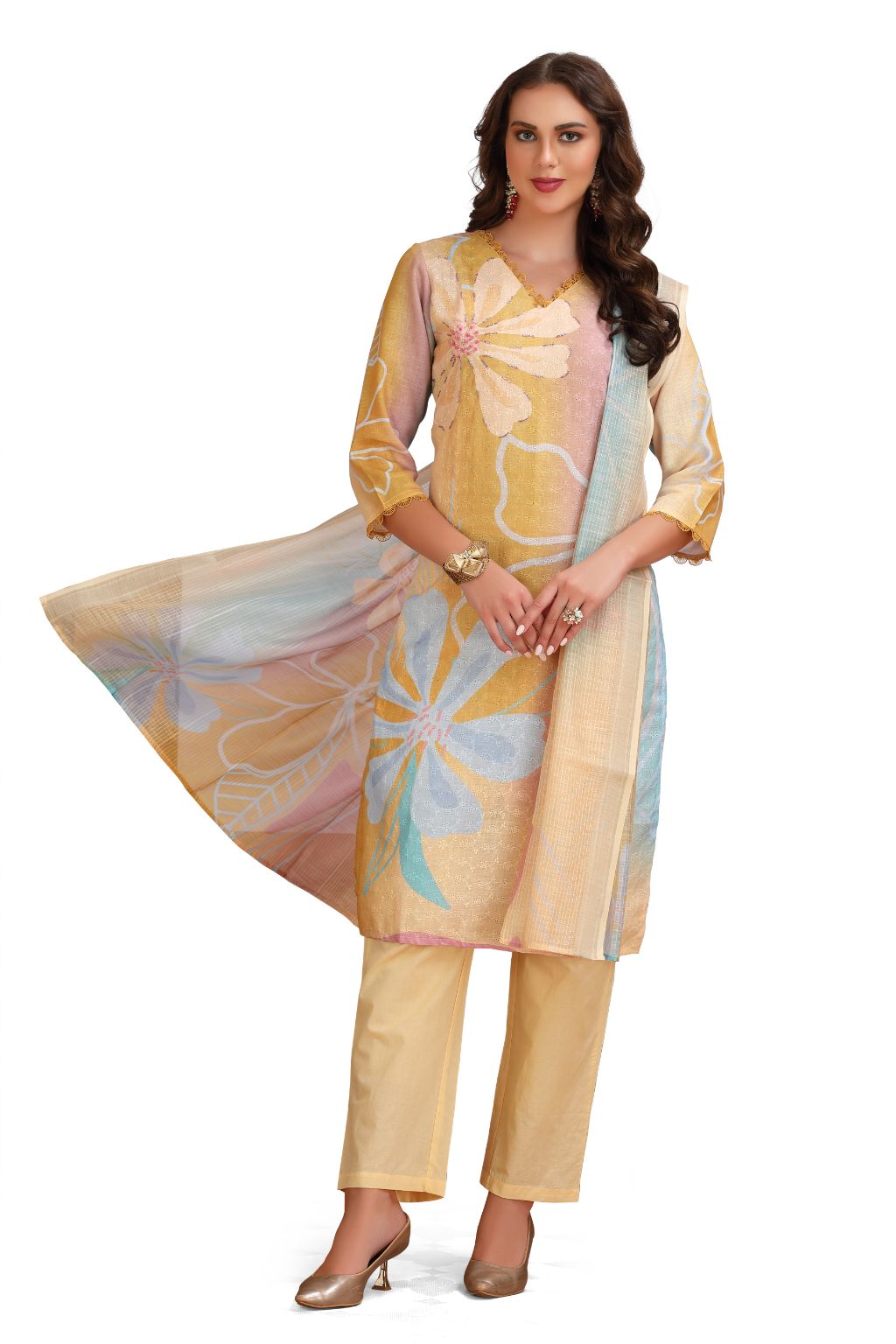 Floral Print Chikankari Straight cut Kurta set with pant and Dupatta Yellow