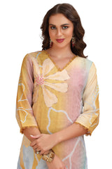 Floral Print Chikankari Straight cut Kurta set with pant and Dupatta Yellow