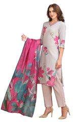 Floral Print Linen Kurta Set for Women with pant and Dupatta Light Purple