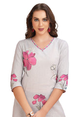 Floral Print Linen Kurta Set for Women with pant and Dupatta Light Purple