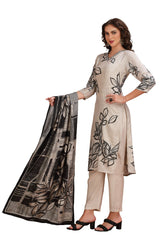 Floral Print Straight Cut Kurta Set with Pant and Dupatta Cream