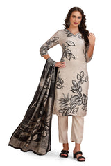 Floral Print Straight Cut Kurta Set with Pant and Dupatta Cream