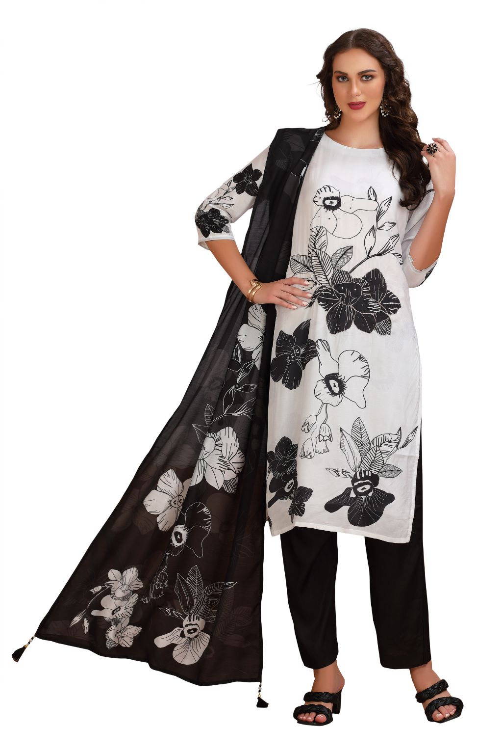 Floral Print Straight Cut Kurta Set with Pant and Dupatta White