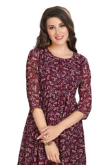 Floral Print Wine Georgette Frock Style Knee-Length Kurti for Women