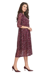 Floral Print Wine Georgette Frock Style Knee-Length Kurti for Women