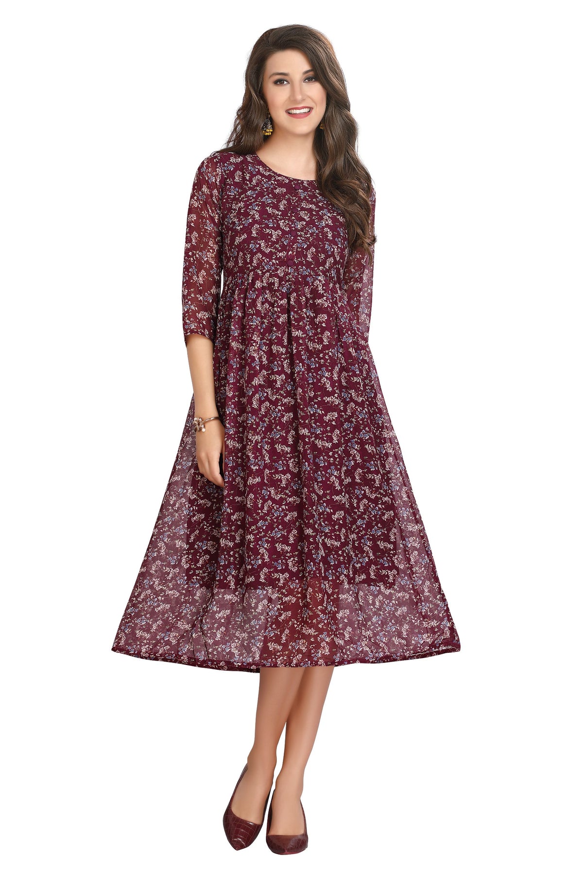 Floral Print Wine Georgette Frock Style Knee-Length Kurti for Women