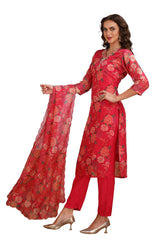 Floral Straight cut Kurta Set with pant and Dupatta Pink