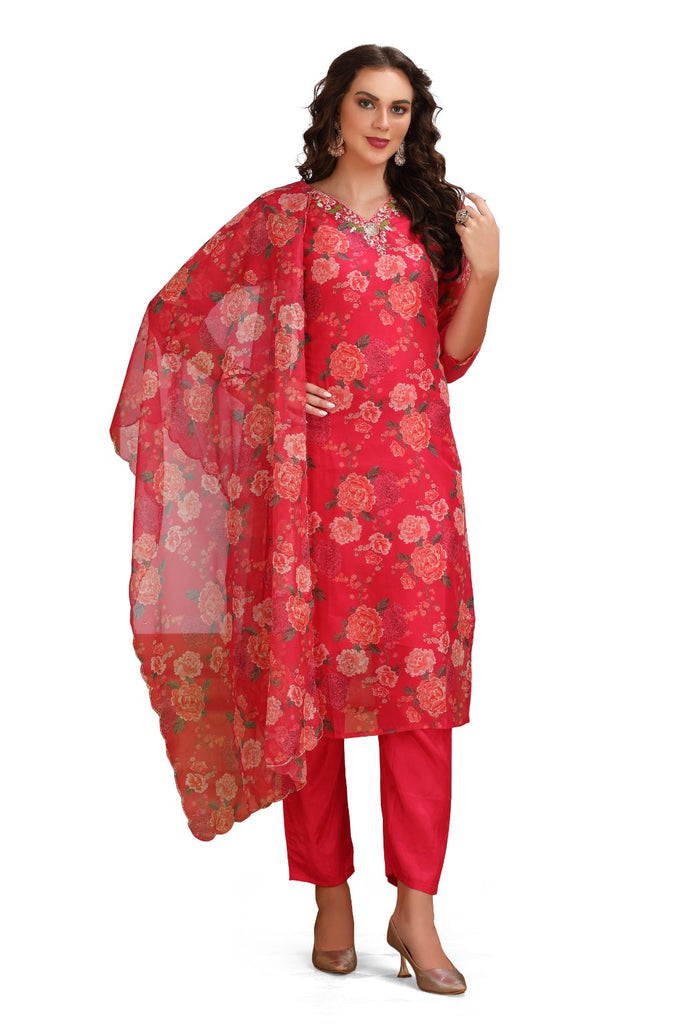 Floral Straight cut Kurta Set with pant and Dupatta Pink