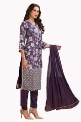 Floral Straight cut Kurta Set with pant and Dupatta Purple