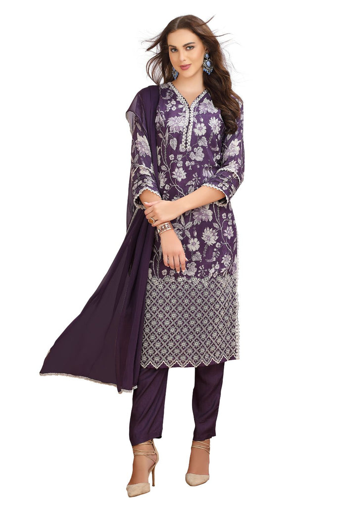 Floral Straight cut Kurta Set with pant and Dupatta Purple