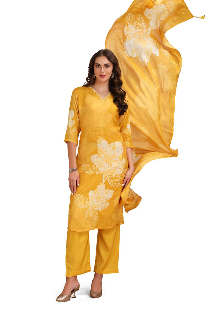 Floral Straight cut Kurta Set with pant and Dupatta Yellow