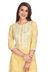 Floral Yellow Cotton Kurta Set with Embroidered Dupatta