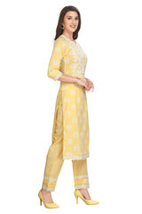 Floral Yellow Cotton Kurta Set with Embroidered Dupatta