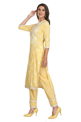 Floral Yellow Cotton Kurta Set with Embroidered Dupatta