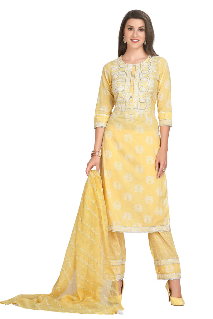 Floral Yellow Cotton Kurta Set with Embroidered Dupatta