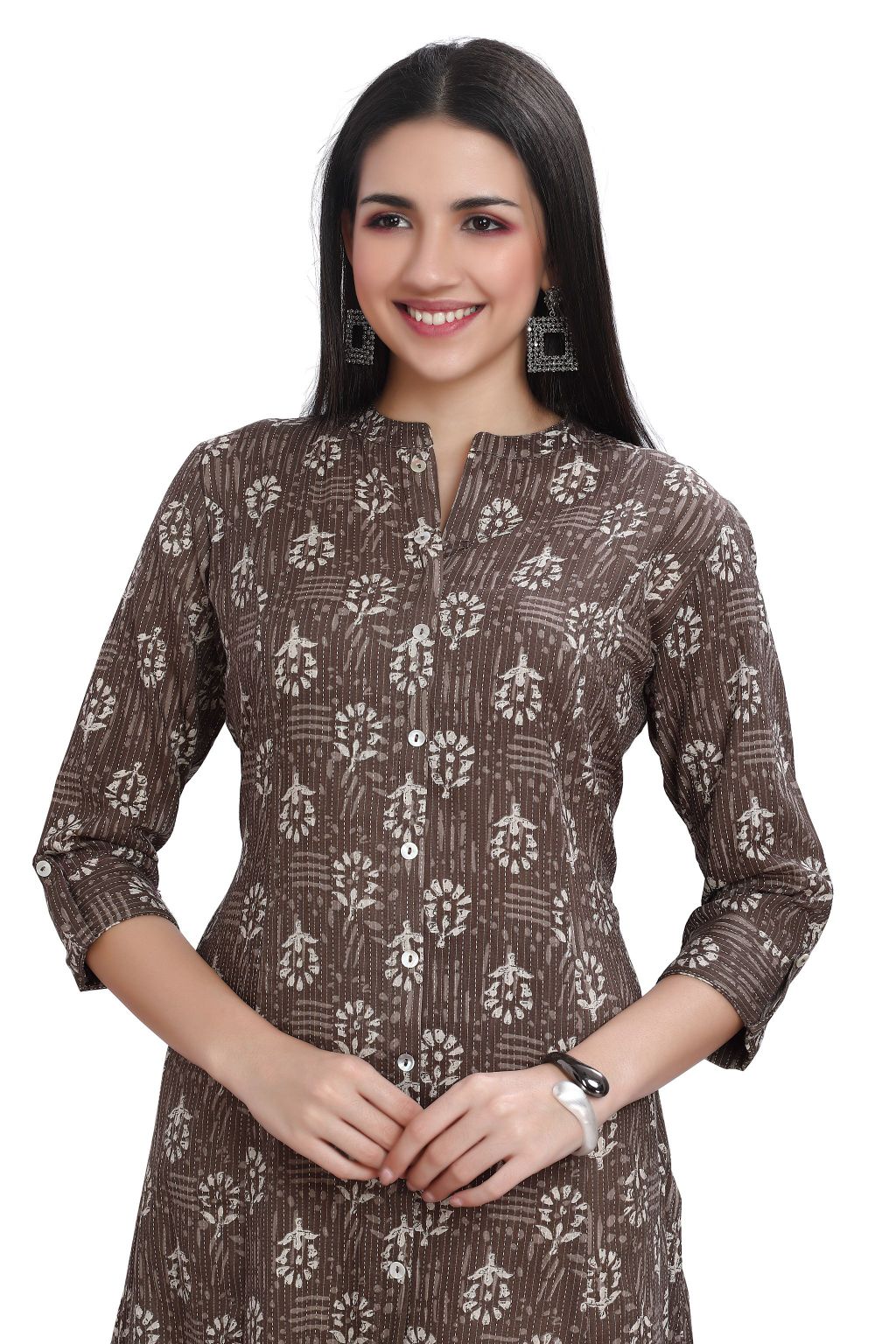 Floral Buta Print Cotton Kurti with Collar Front Slit and Pocket
