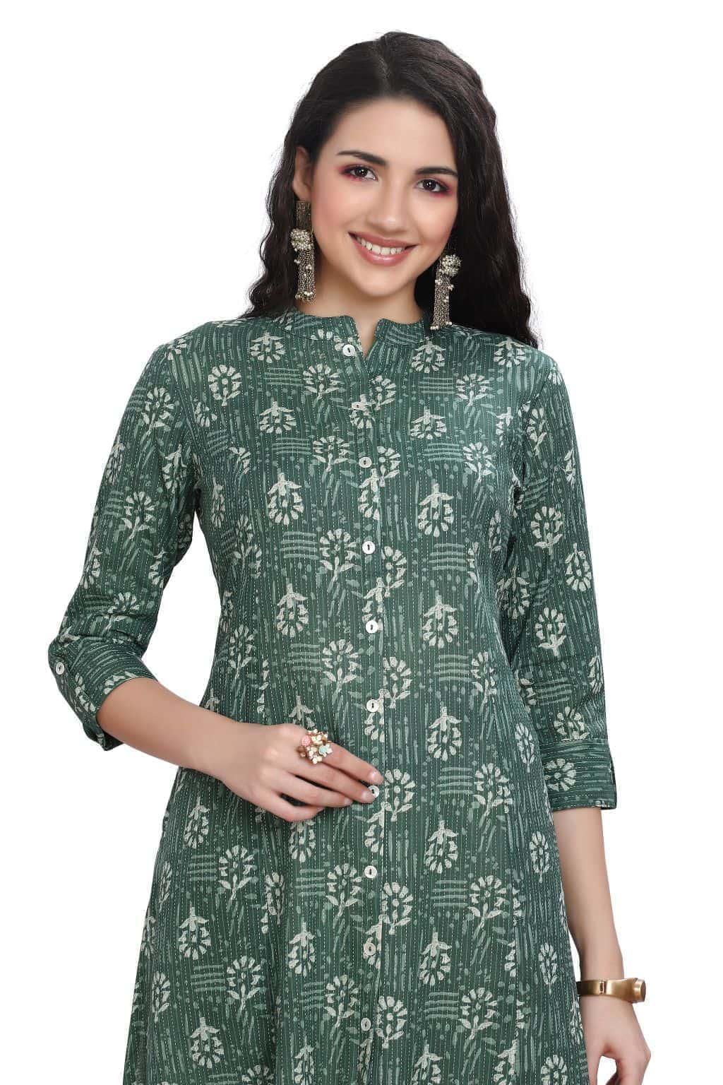 Floral Buta Print Cotton Kurti with Collar Front Slit and Pocket