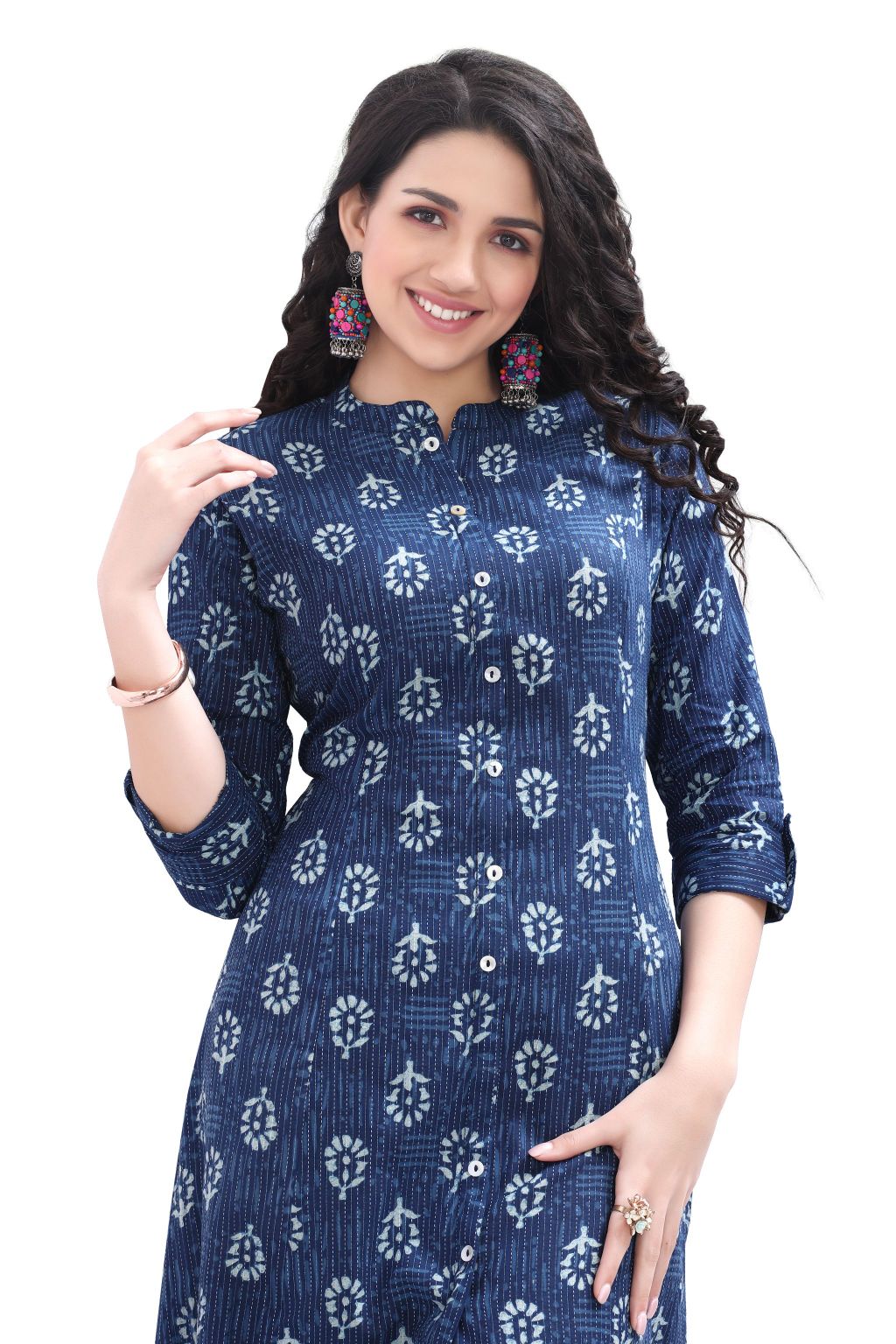 Floral Buta Print Cotton Kurti with Collar Front Slit and Pocket