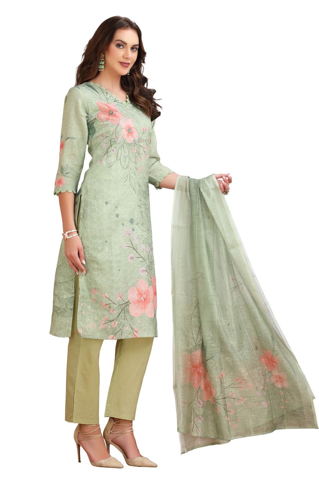 Floral Print Chikankari Straight cut Kurta set with pant and Dupatta Green