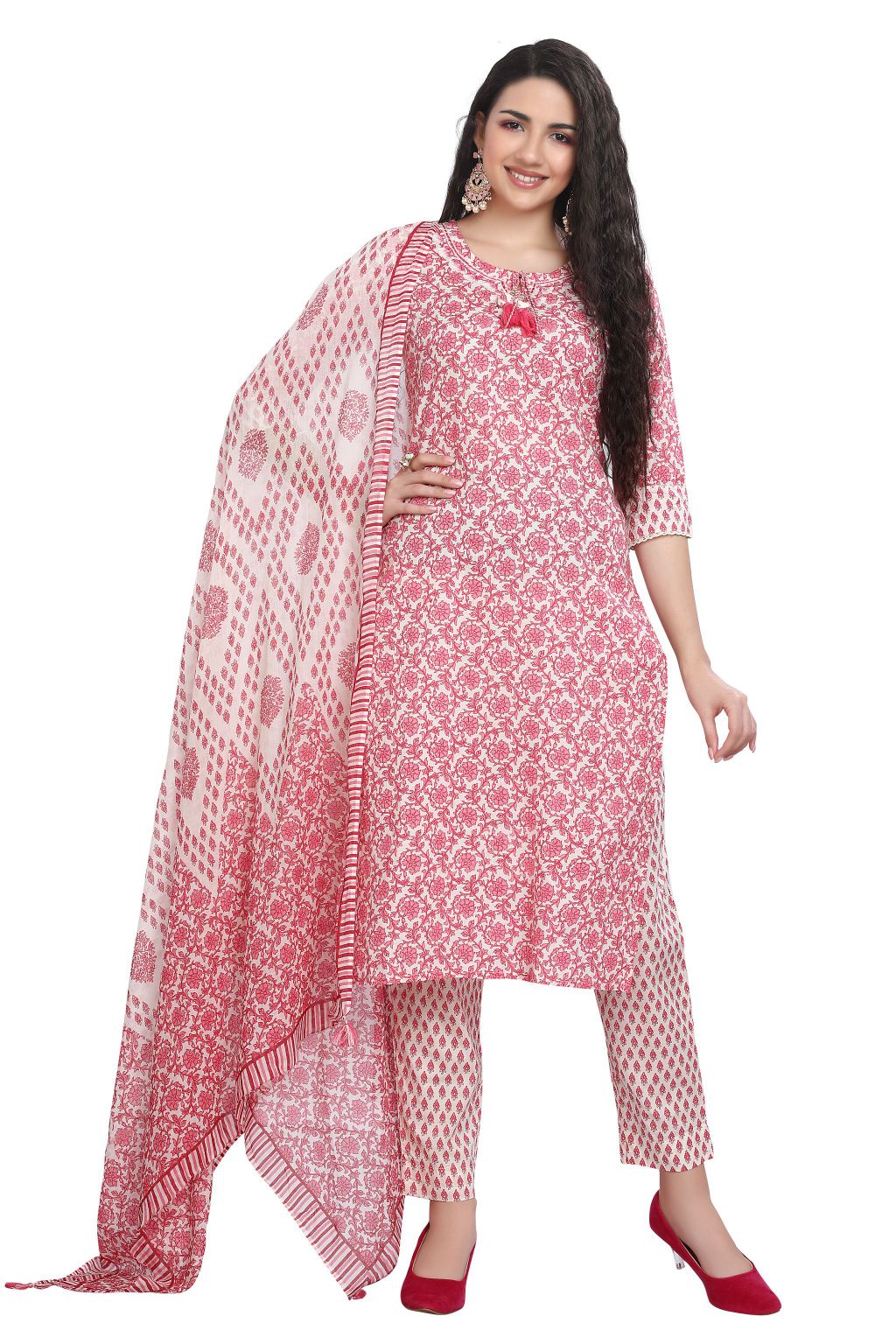 Floral and Block Print Kurta Set for Women with Narrow Pant and Dupatta