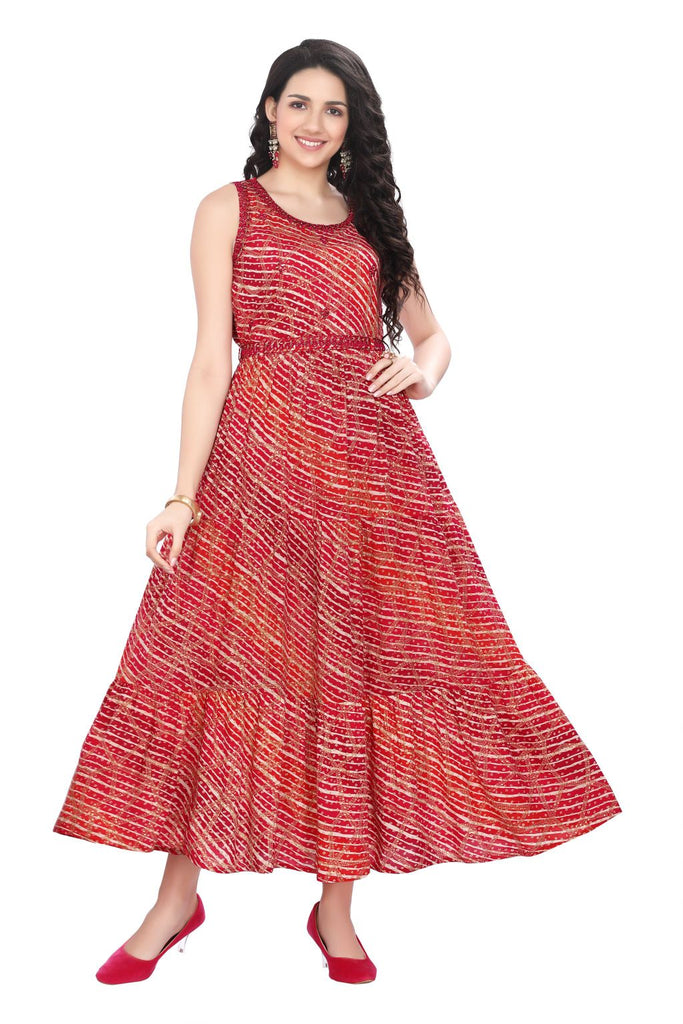 Frock Style Bandhini print Kurti with mirror work belt