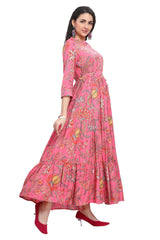 Frock Style Floral Print Kurta For Women With A Front Slit And Belt