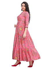 Frock Style Floral Print Kurta For Women With A Front Slit And Belt