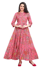 Frock Style Floral Print Kurta For Women With A Front Slit And Belt