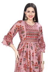 Frock Style Modal Kurti in Pink with Crochet Embroidery and Designer Sleeves