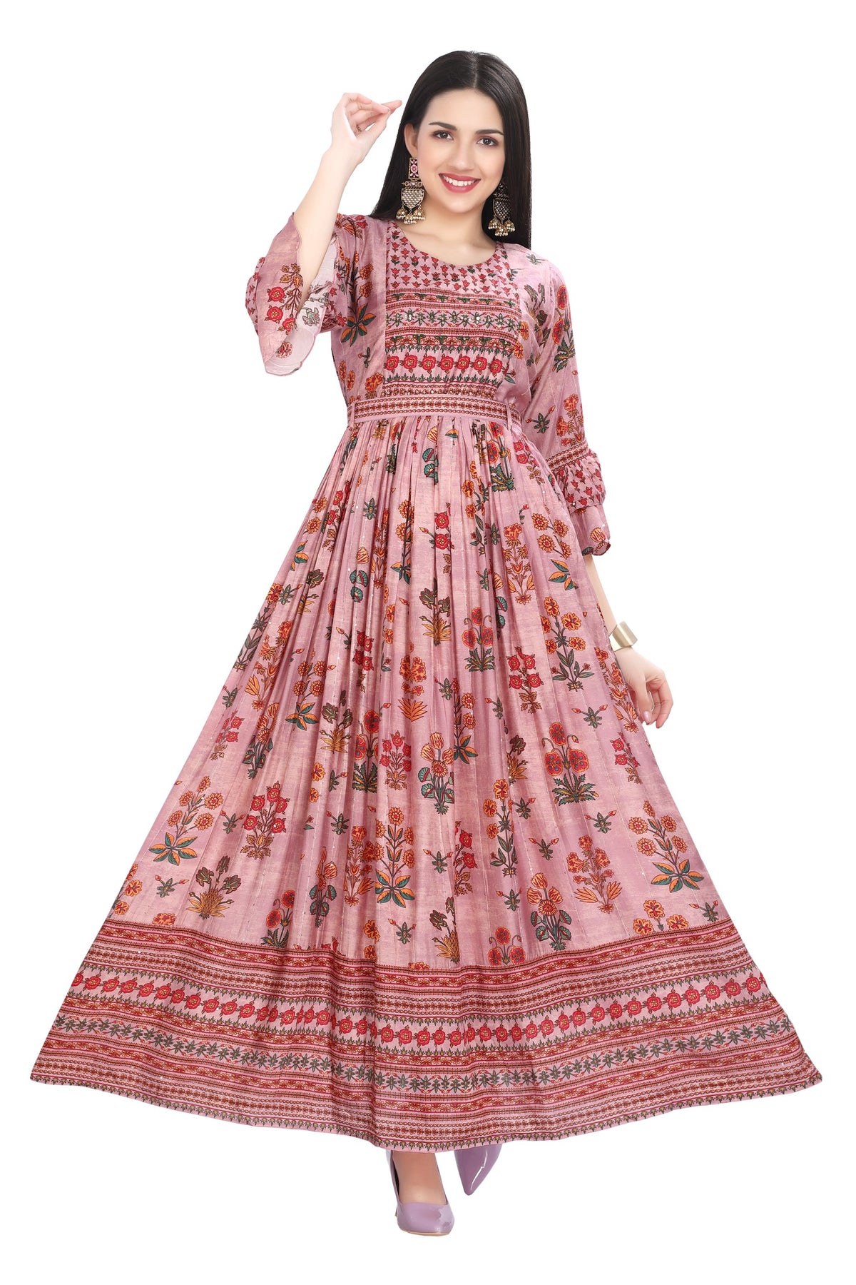 Frock Style Modal Kurti in Pink with Crochet Embroidery and Designer Sleeves