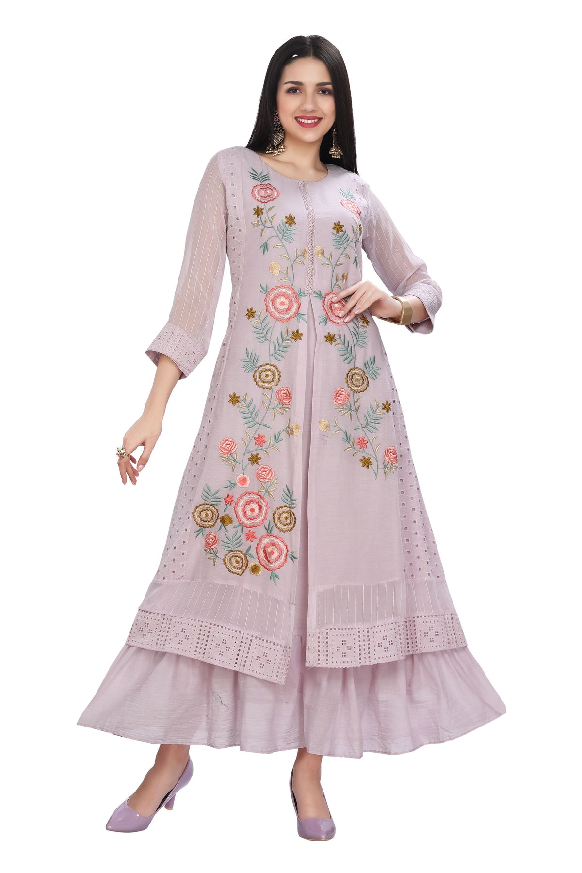 Frock style Multi Layered Full Length Cotton Kurti with Peplum border in Purple