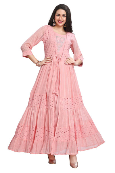 Pink Multitiered Cotton One Piece Dress with Chikankari Jacket