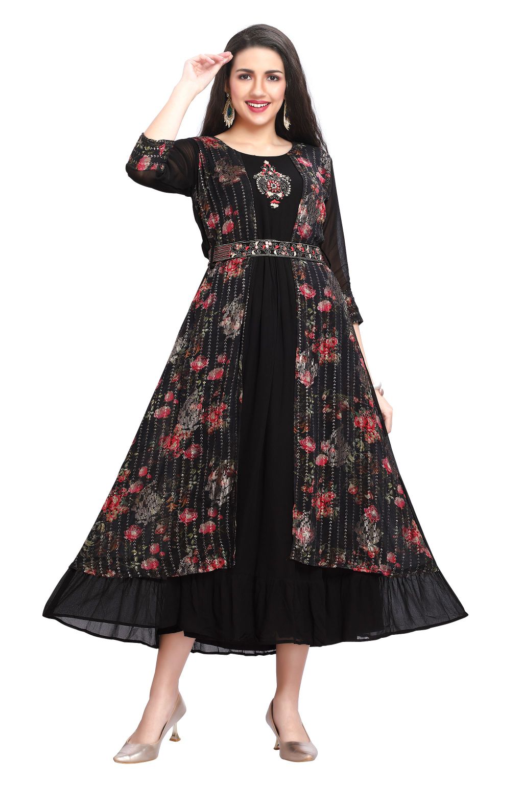 Fusion Embroidery Work Frock Style One Piece Dress with Attached Jacket