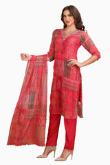 Fusion Print Organza V neck Kurta Set with pant and Dupatta Pink