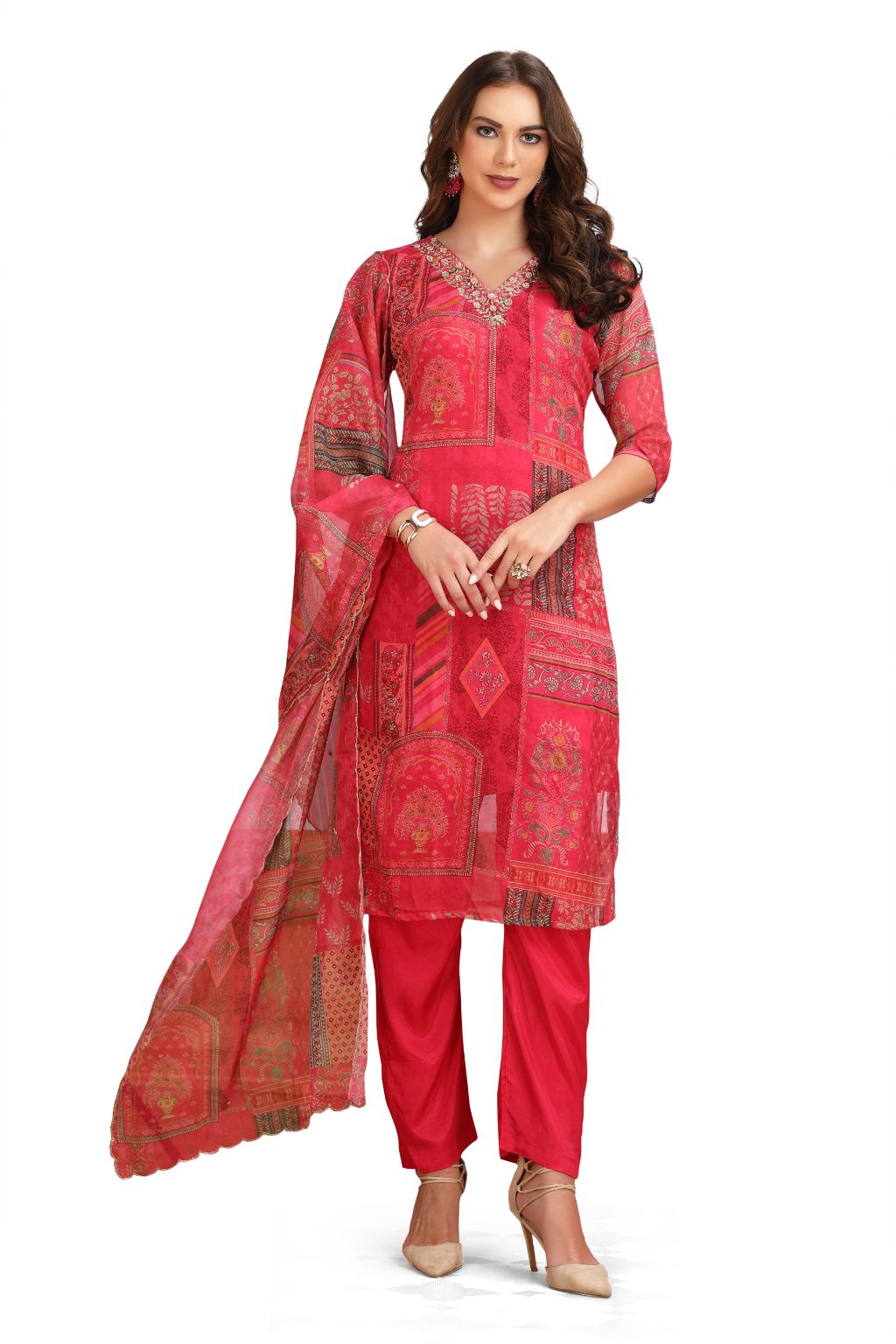 Fusion Print Organza V neck Kurta Set with pant and Dupatta Pink