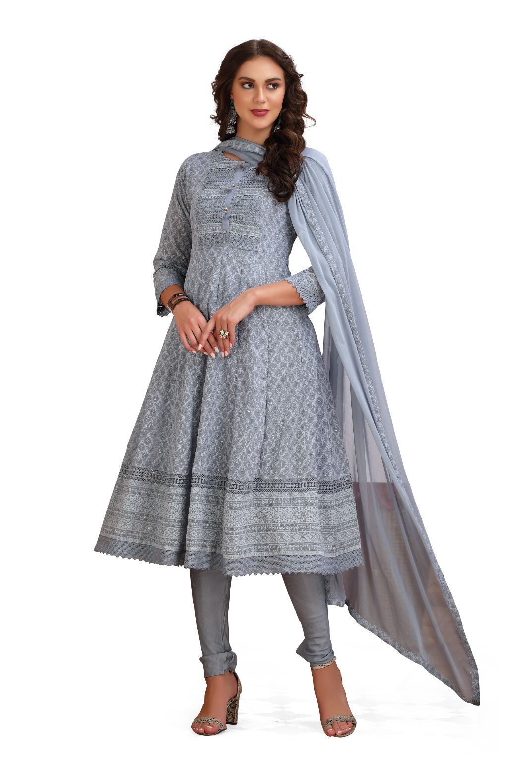 Georgette Chikankari Dress with Bottom and Dupatta Grey