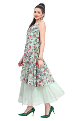 Green Chinnon Kurti with Floral Print and Sequin Embroidery