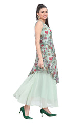 Green Chinnon Kurti with Floral Print and Sequin Embroidery