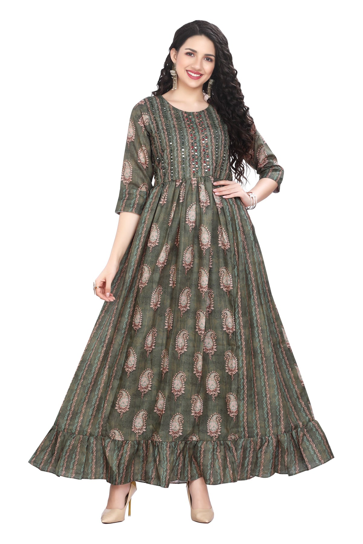 Green Cotton Abstract Print Frock Style Kurti for women