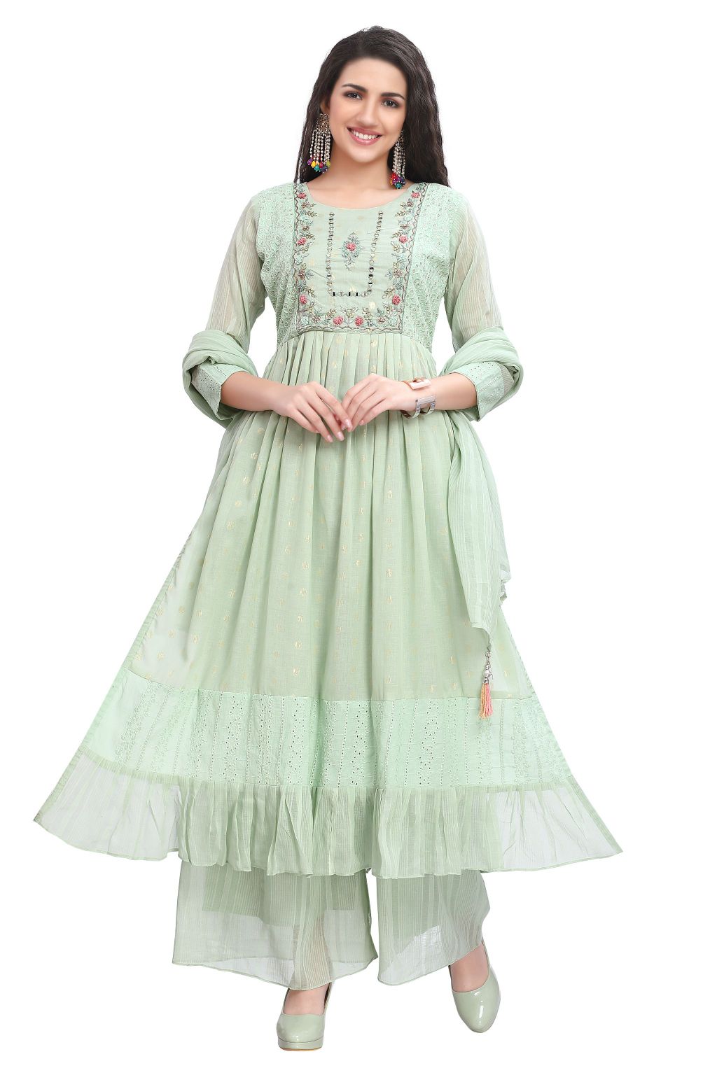 Green Cotton Embroidered Kurta Set with Palazzo pant and Dupatta