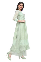 Green Cotton Embroidered Kurta Set with Palazzo pant and Dupatta