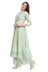 Green Cotton Embroidered Kurta Set with Palazzo pant and Dupatta