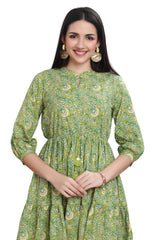 Green Cotton Short Kurti with Floral Print and Collar