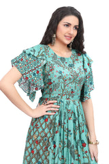 Green Floral One Piece Dress for women with Designer Sleeves