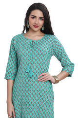 Green Buti Print Straight Cut Pintuck Kurti for women