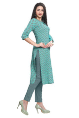 Green Flower Buti Print Straight Cut Kurti with Pintuck Detail