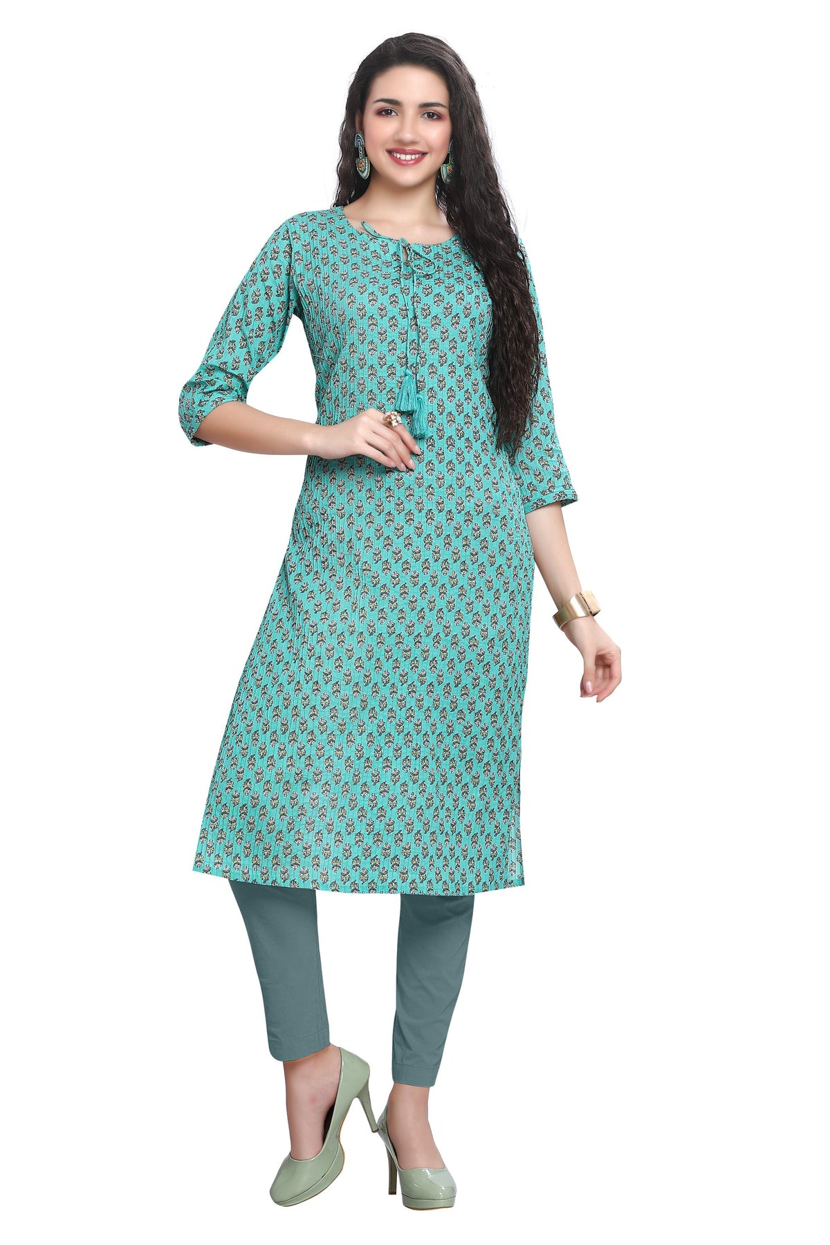 Green Flower Buti Print Straight Cut Kurti with Pintuck Detail